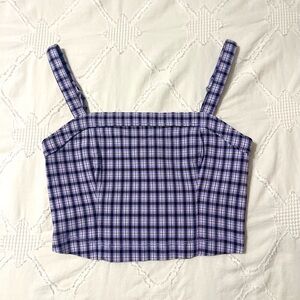 purple and black plaid square neck cropped tank top